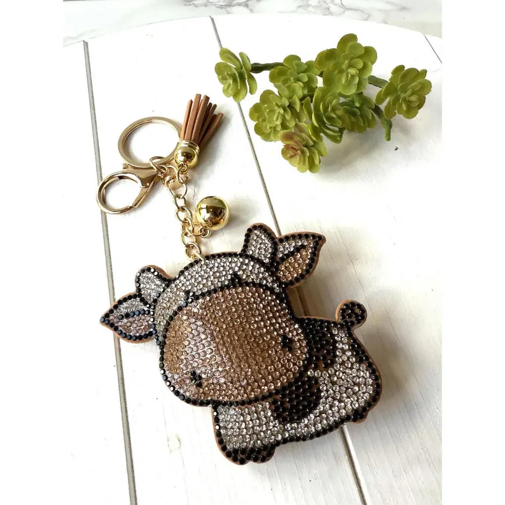 New Bling Black White‎ Spotted Cow Puffy Tassel Keyring Purse Backpack Charm